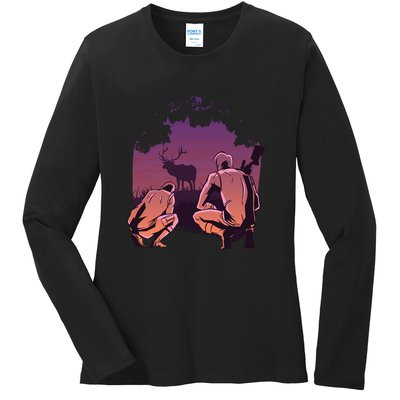 Deer Hunting Scene Ladies Long Sleeve Shirt