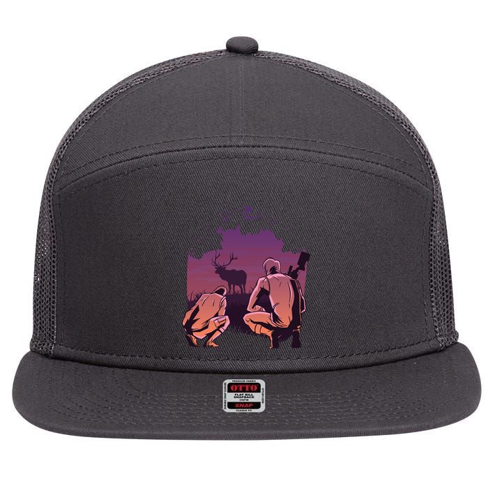 Deer Hunting Scene 7 Panel Mesh Trucker Snapback Hat