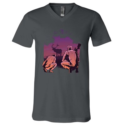 Deer Hunting Scene V-Neck T-Shirt