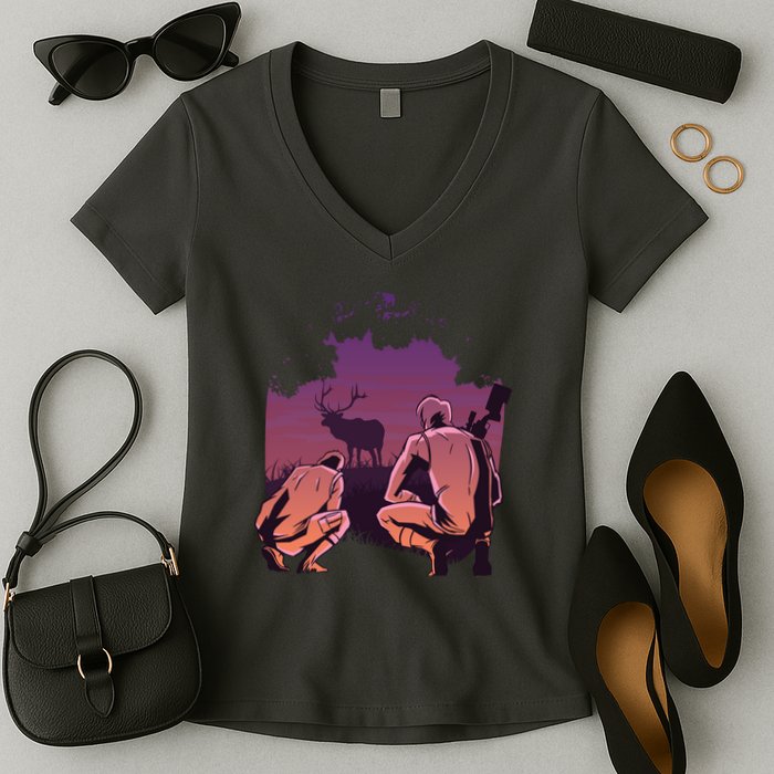 Deer Hunting Scene Women's V-Neck T-Shirt