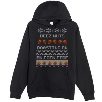 Deez Nuts Roasting On An Open Fire Ugly X-Mas Premium Pullover Hoodie