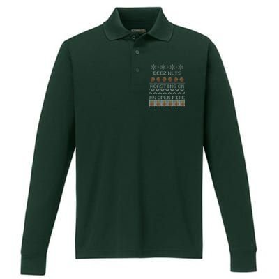 Deez Nuts Roasting On An Open Fire Ugly X-Mas Performance Long Sleeve Polo