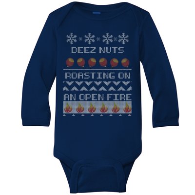 Deez Nuts Roasting On An Open Fire Ugly X-Mas Baby Long Sleeve Bodysuit