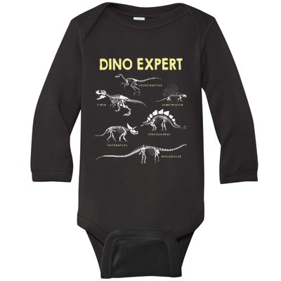 Dino Expert Future Paleontologist Dinosaur Fossil Bones Baby Long Sleeve Bodysuit