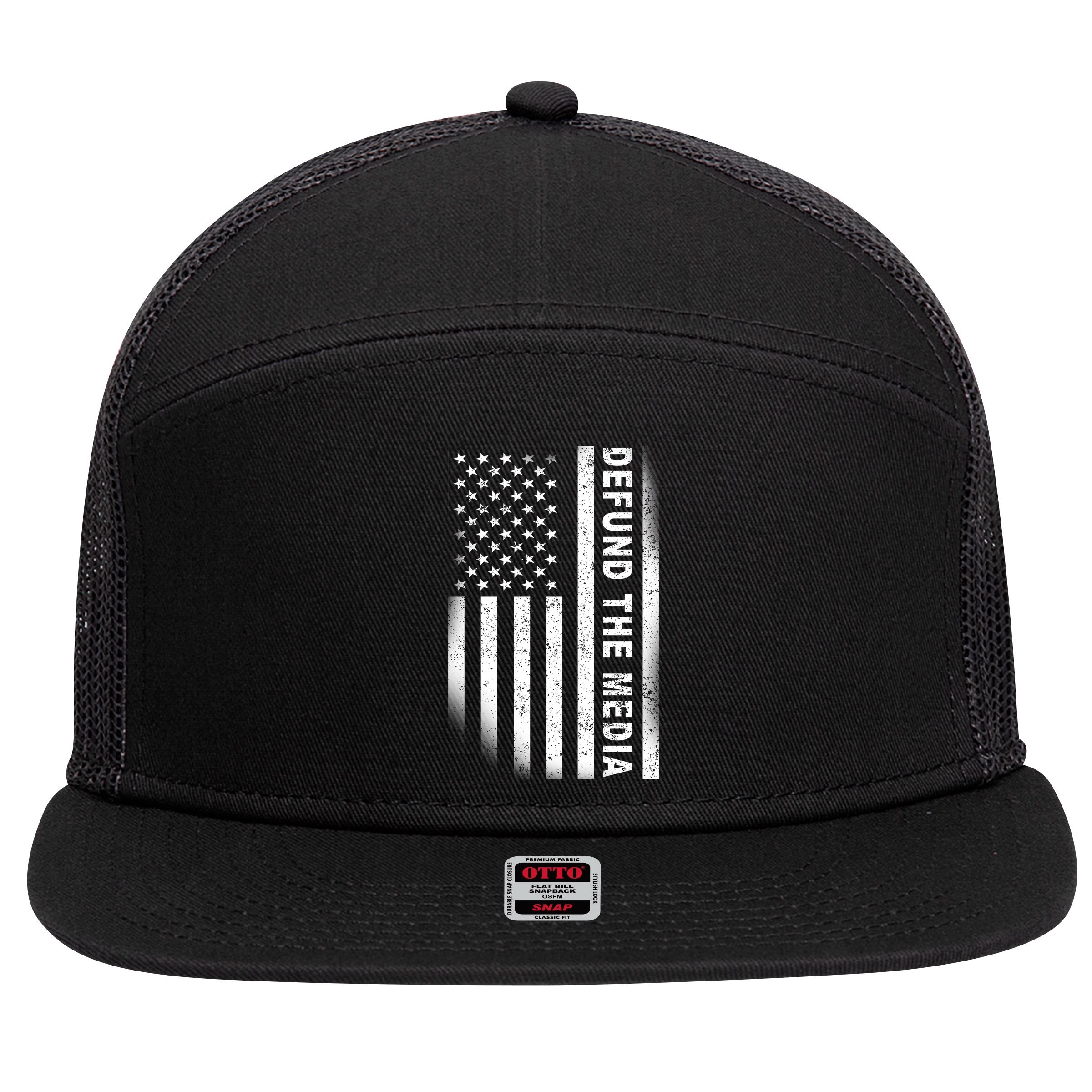 Defund The Media US Flag 7 Panel Mesh Trucker Snapback Hat
