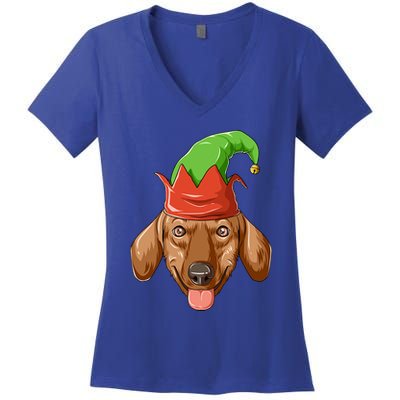 Dachshund Elf Hat Christmas Dachshund Gift Women's V-Neck T-Shirt