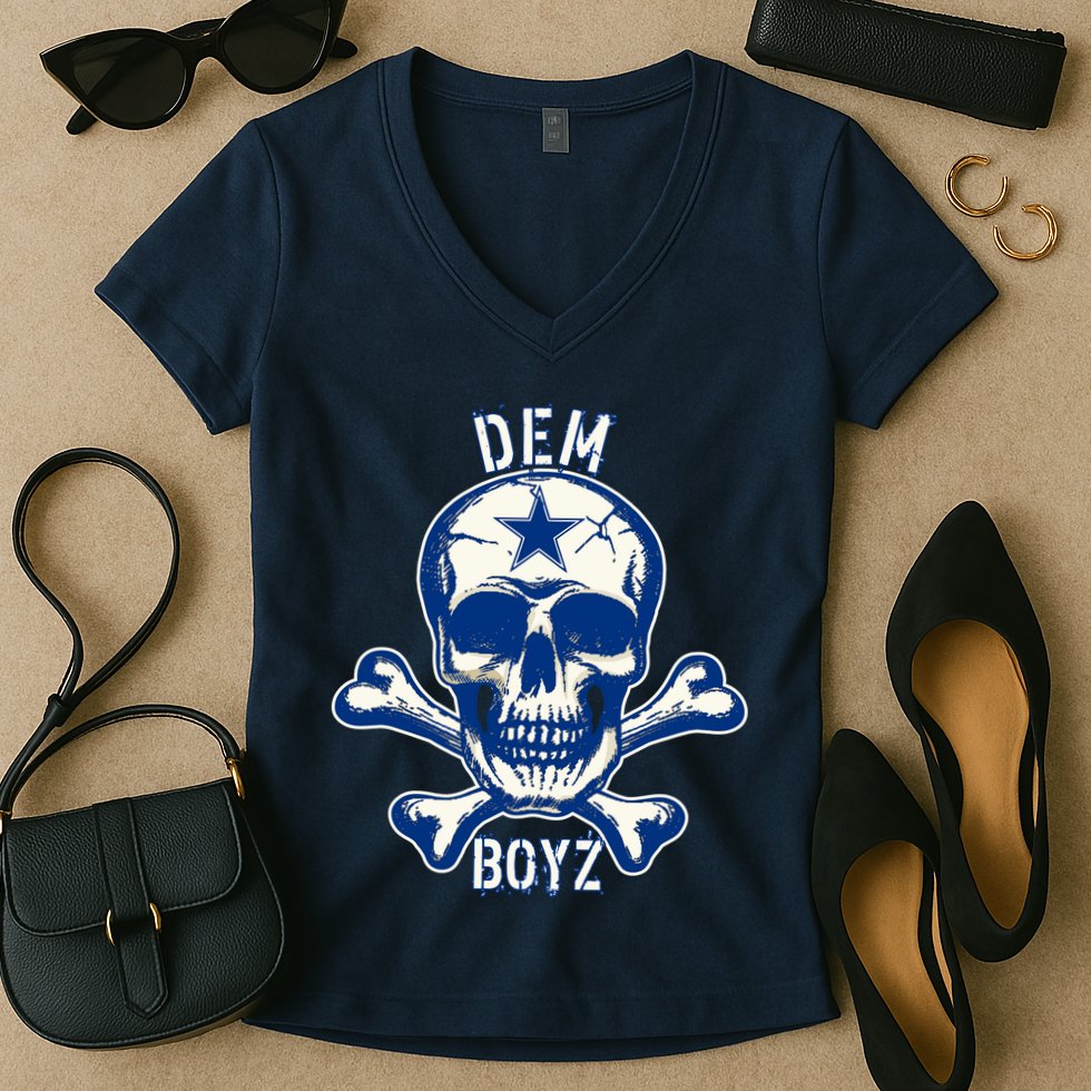 DEM BOYZ Dallas Skull Crossbones Star Texas Fan Pride Women's V-Neck T-Shirt