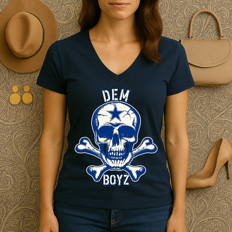 DEM BOYZ Dallas Skull Crossbones Star Texas Fan Pride Women's V-Neck T-Shirt