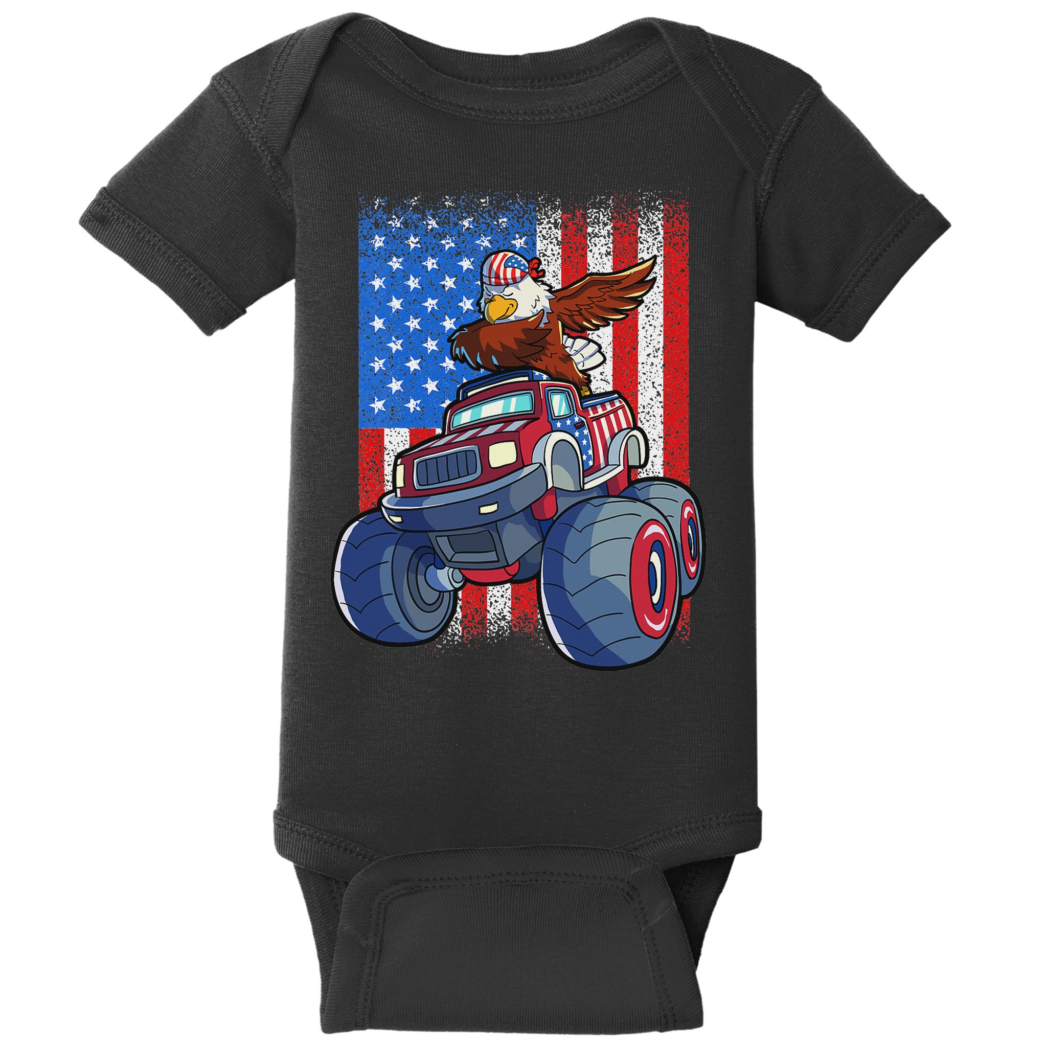 Dabbing Eagle Monster Truck 4th Of July American Flag Baby Bodysuit