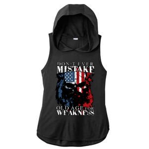 Dont Ever Mistake Old Age For Weakness Skull American Flag Ladies PosiCharge Tri-Blend Wicking Draft Hoodie Tank