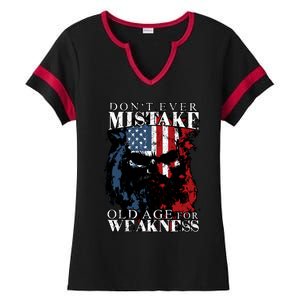 Dont Ever Mistake Old Age For Weakness Skull American Flag Ladies Halftime Notch Neck Tee