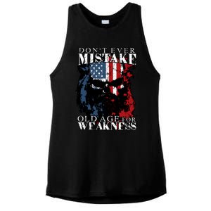 Dont Ever Mistake Old Age For Weakness Skull American Flag Ladies PosiCharge Tri-Blend Wicking Tank