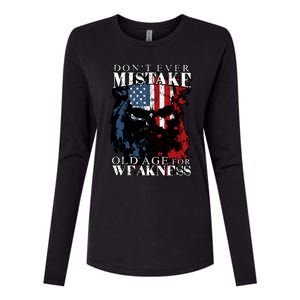 Dont Ever Mistake Old Age For Weakness Skull American Flag Womens Cotton Relaxed Long Sleeve T-Shirt