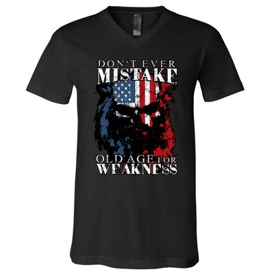 Dont Ever Mistake Old Age For Weakness Skull American Flag V-Neck T-Shirt