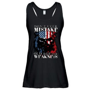 Dont Ever Mistake Old Age For Weakness Skull American Flag Ladies Essential Flowy Tank