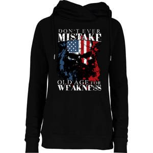 Dont Ever Mistake Old Age For Weakness Skull American Flag Womens Funnel Neck Pullover Hood