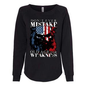 Dont Ever Mistake Old Age For Weakness Skull American Flag Womens California Wash Sweatshirt