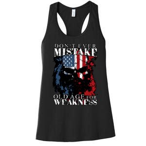 Dont Ever Mistake Old Age For Weakness Skull American Flag Women's Racerback Tank