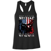 Dont Ever Mistake Old Age For Weakness Skull American Flag Women's Racerback Tank