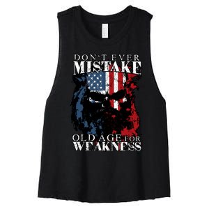 Dont Ever Mistake Old Age For Weakness Skull American Flag Women's Racerback Cropped Tank