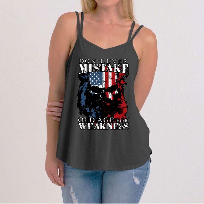 Dont Ever Mistake Old Age For Weakness Skull American Flag Women's Strappy Tank