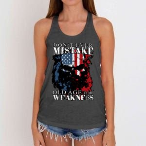 Dont Ever Mistake Old Age For Weakness Skull American Flag Women's Knotted Racerback Tank