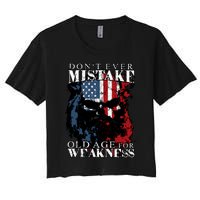 Dont Ever Mistake Old Age For Weakness Skull American Flag Women's Crop Top Tee