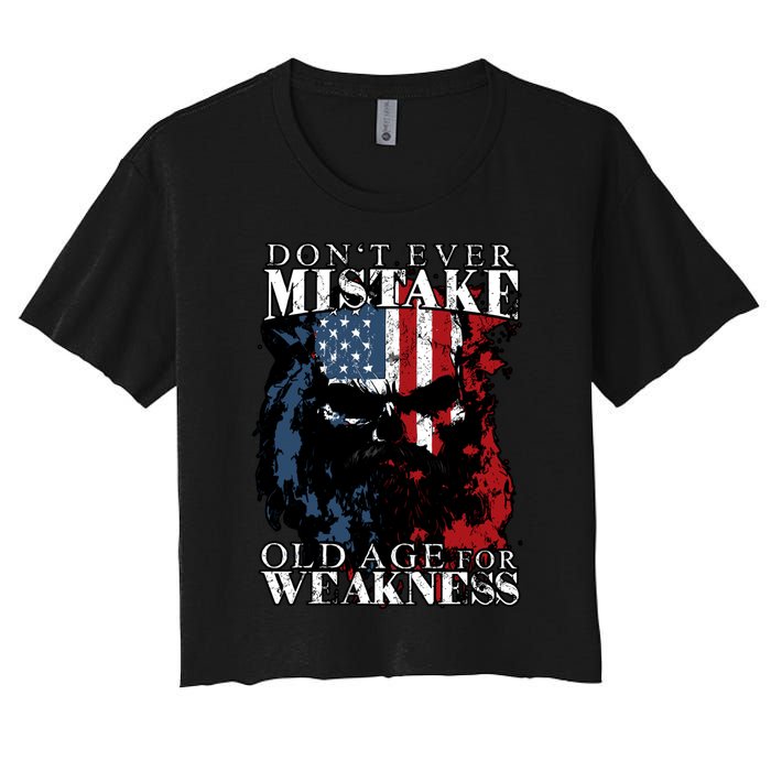 Dont Ever Mistake Old Age For Weakness Skull American Flag Women's Crop Top Tee