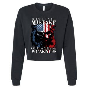 Dont Ever Mistake Old Age For Weakness Skull American Flag Cropped Pullover Crew