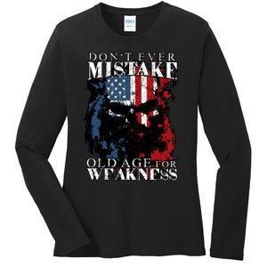 Dont Ever Mistake Old Age For Weakness Skull American Flag Ladies Long Sleeve Shirt