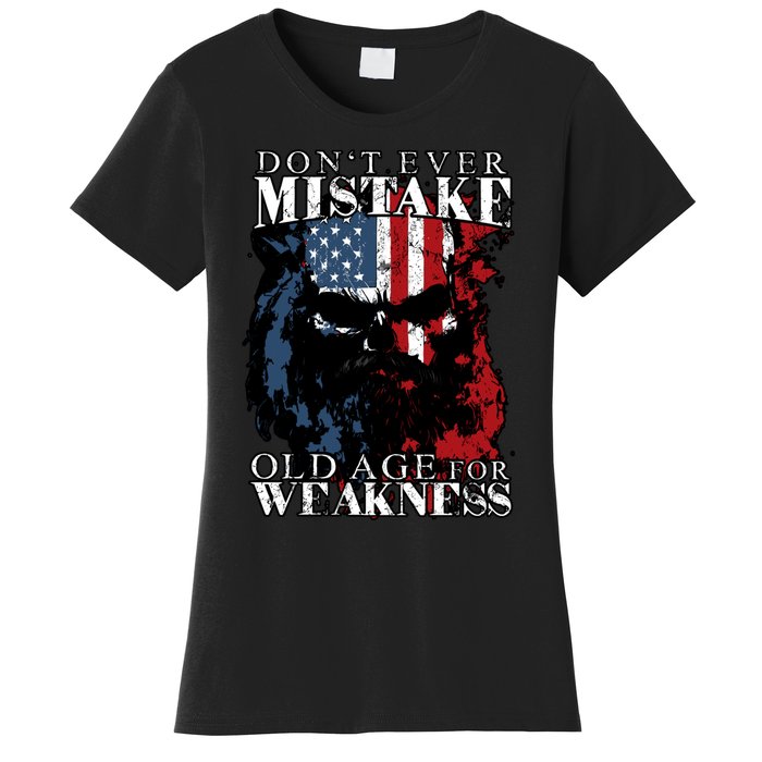 Dont Ever Mistake Old Age For Weakness Skull American Flag Women's T-Shirt