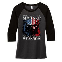 Dont Ever Mistake Old Age For Weakness Skull American Flag Women's Tri-Blend 3/4-Sleeve Raglan Shirt