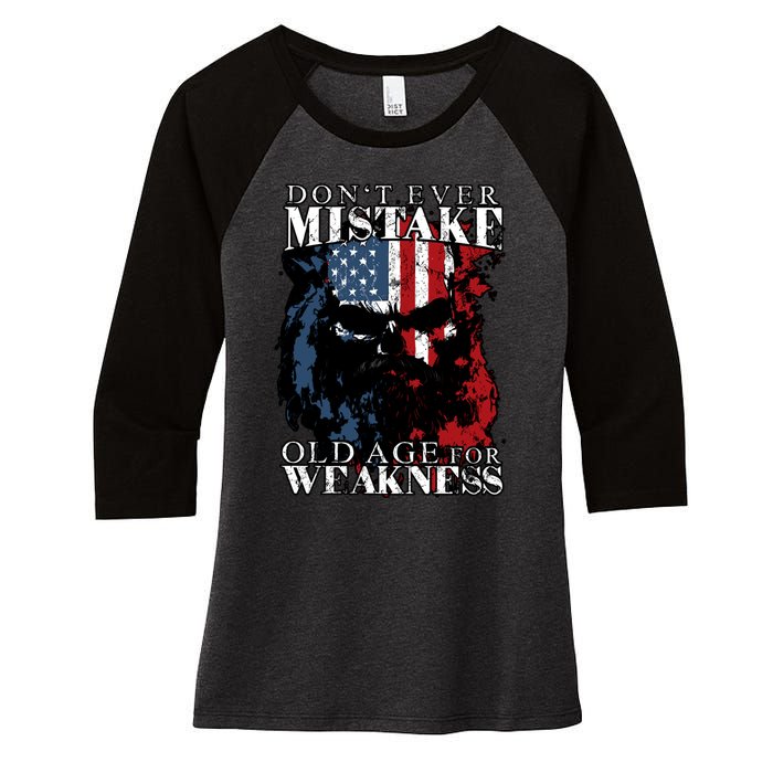 Dont Ever Mistake Old Age For Weakness Skull American Flag Women's Tri-Blend 3/4-Sleeve Raglan Shirt