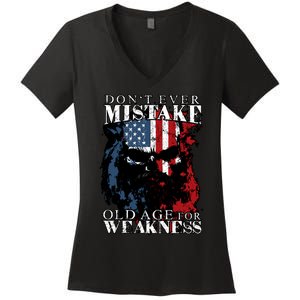 Dont Ever Mistake Old Age For Weakness Skull American Flag Women's V-Neck T-Shirt