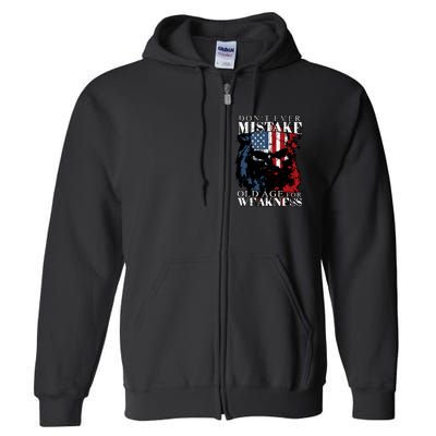 Dont Ever Mistake Old Age For Weakness Skull American Flag Full Zip Hoodie