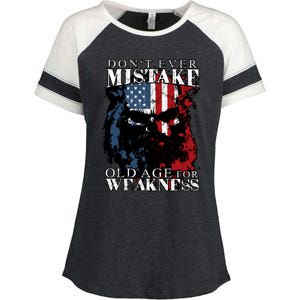 Dont Ever Mistake Old Age For Weakness Skull American Flag Enza Ladies Jersey Colorblock Tee