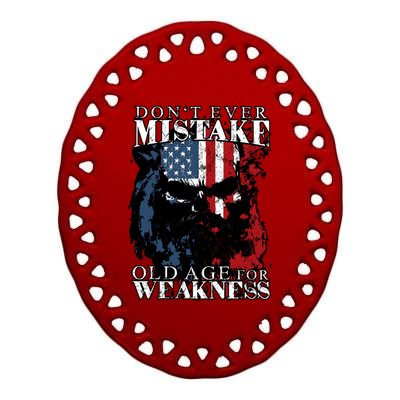 Dont Ever Mistake Old Age For Weakness Skull American Flag Ceramic Oval Ornament