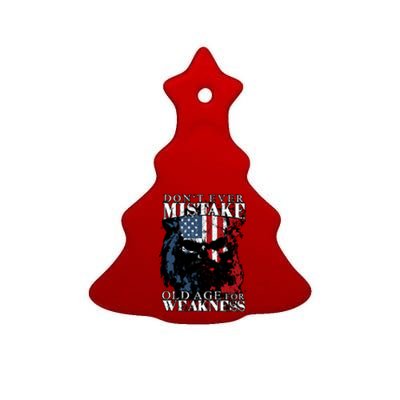 Dont Ever Mistake Old Age For Weakness Skull American Flag Ceramic Tree Ornament