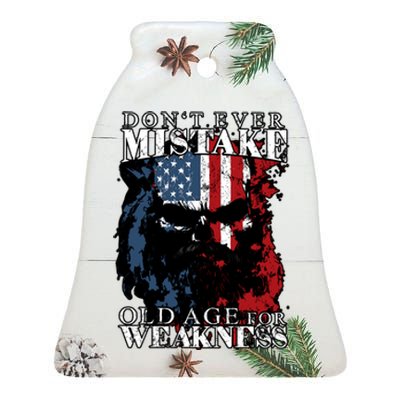 Dont Ever Mistake Old Age For Weakness Skull American Flag Ceramic Bell Ornament