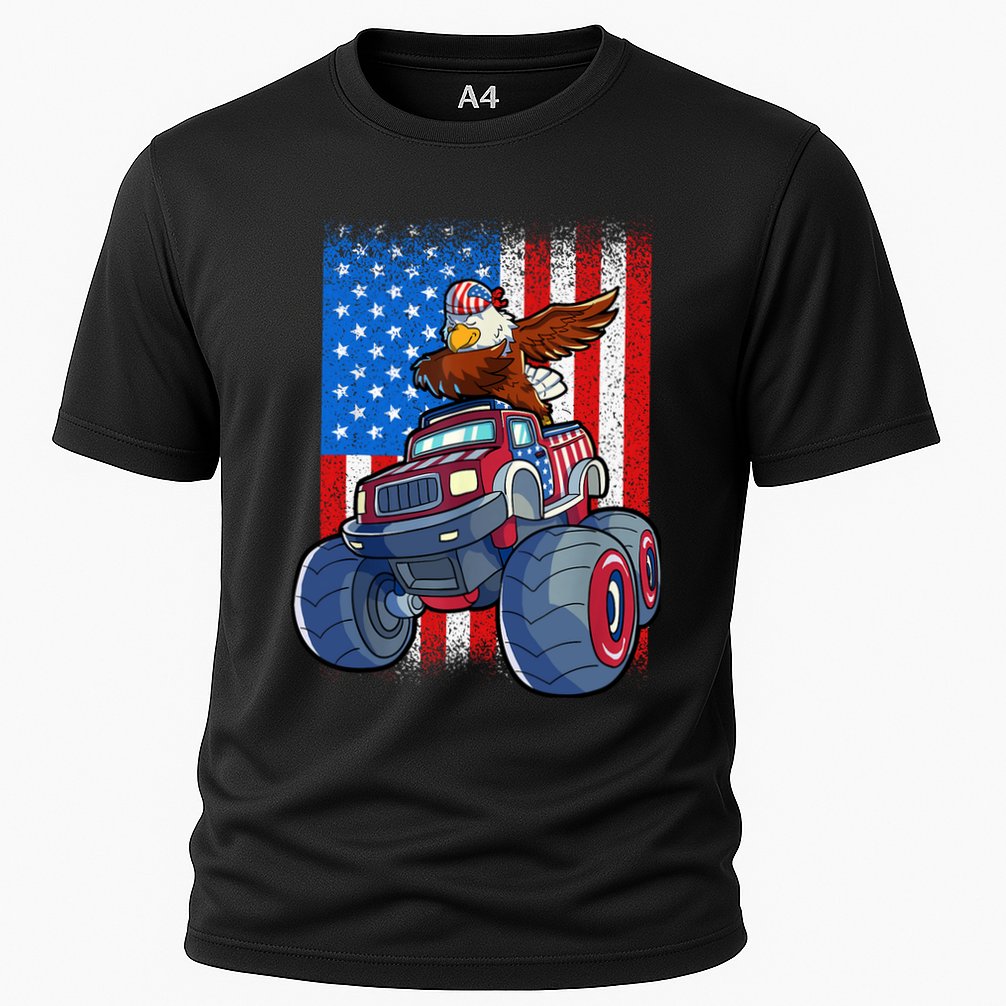 Dabbing Eagle Monster Truck 4th Of July Boy American Flag Cooling Performance Crew T-Shirt
