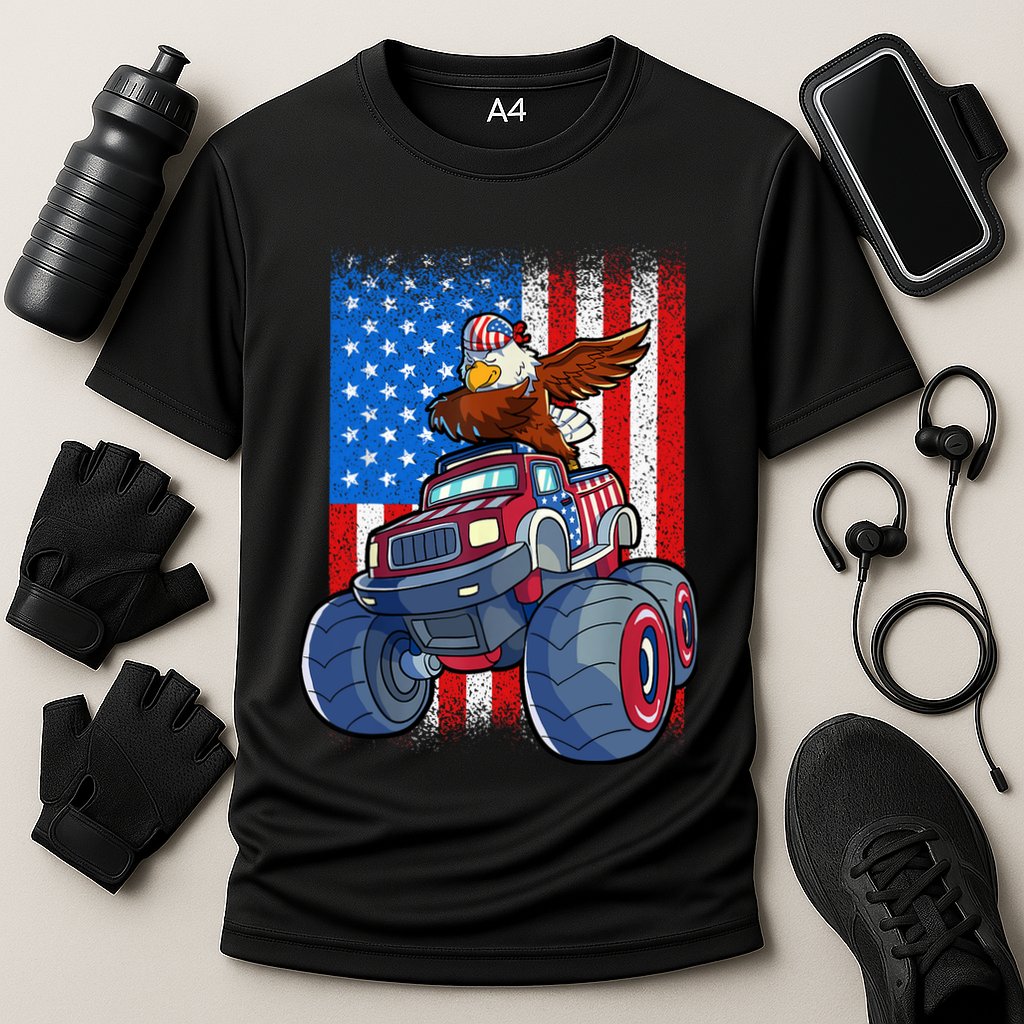 Dabbing Eagle Monster Truck 4th Of July Boy American Flag Cooling Performance Crew T-Shirt