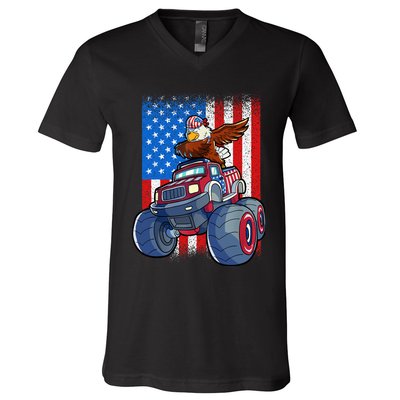 Dabbing Eagle Monster Truck 4th Of July Boy American Flag V-Neck T-Shirt