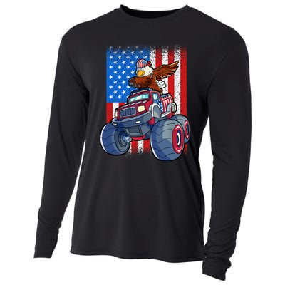 Dabbing Eagle Monster Truck 4th Of July Boy American Flag Cooling Performance Long Sleeve Crew