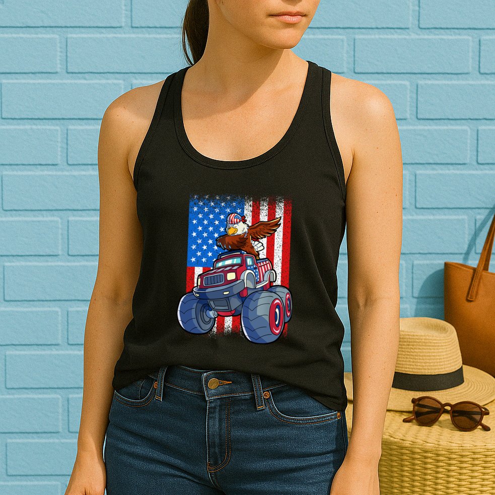 Dabbing Eagle Monster Truck 4th Of July Boy American Flag Womens Tank Top