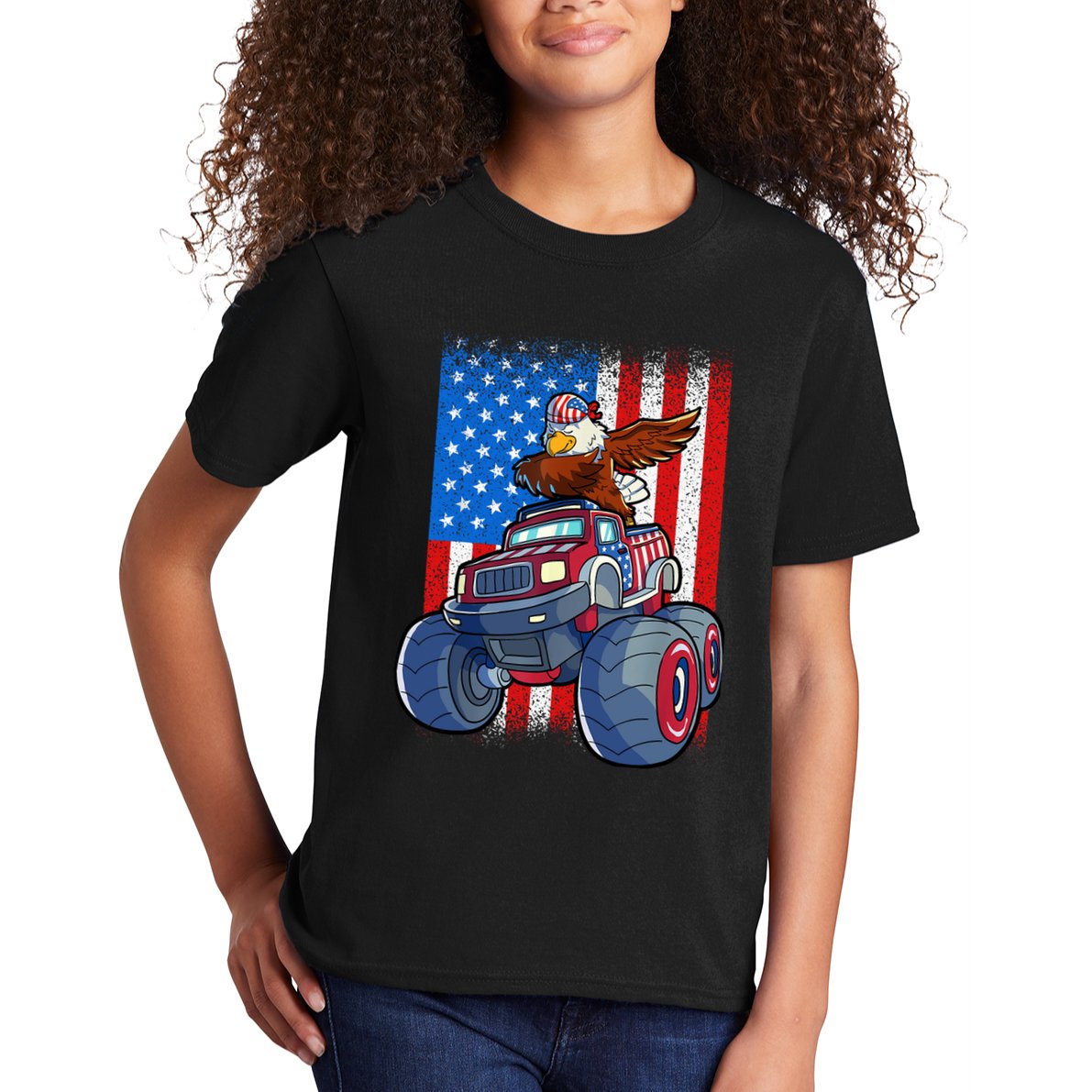Dabbing Eagle Monster Truck 4th Of July Boy American Flag Kids T-Shirt