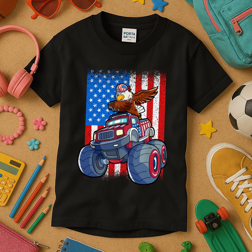 Dabbing Eagle Monster Truck 4th Of July Boy American Flag Kids T-Shirt