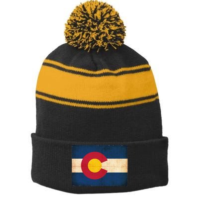 Denver Flag Grunge Colorado Stripe Pom Pom Beanie