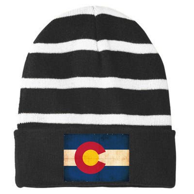 Denver Flag Grunge Colorado Striped Beanie with Solid Band