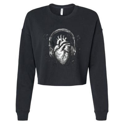 Dark Edgy Realistic Heart With Headphone Gothic Rock Cute Gift Cropped Pullover Crew