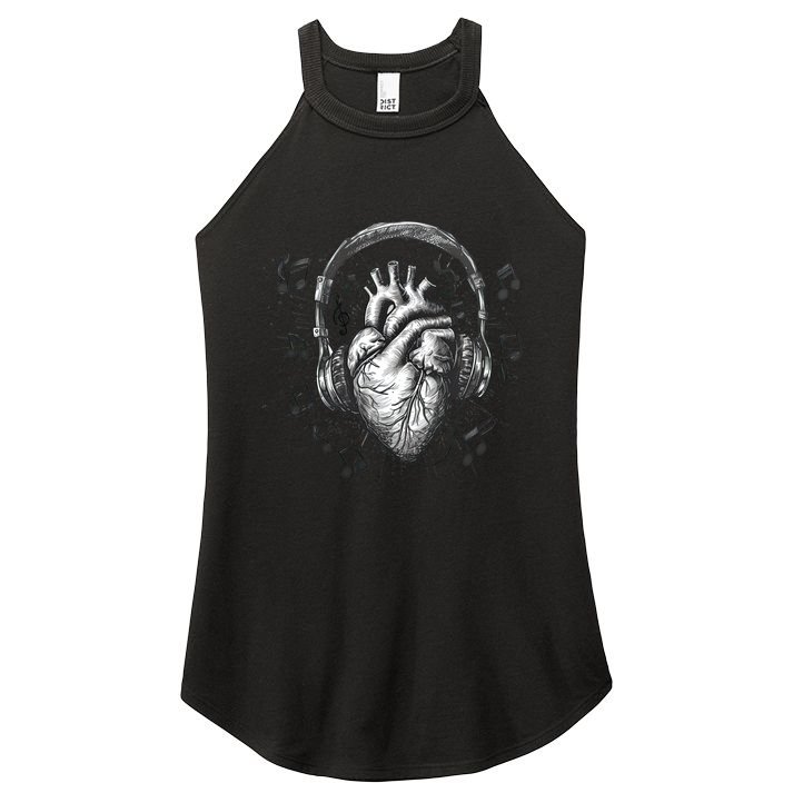 Dark Edgy Realistic Heart With Headphone Gothic Rock Cute Gift Women's Perfect Tri Rocker Tank